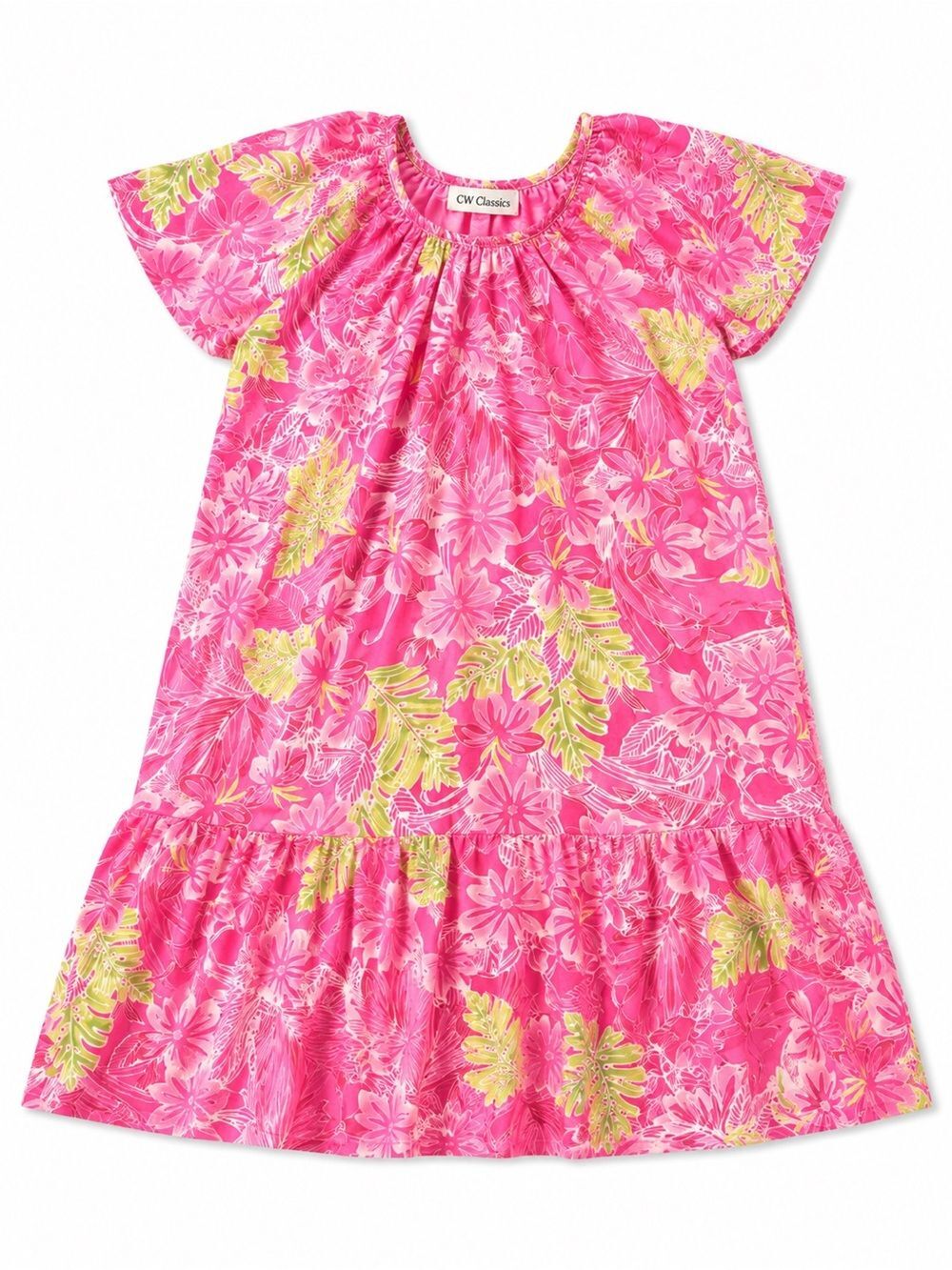CW Classics Women’s Pink Tropical Floral Dress Hawaiian Short Sleeve Ruffle Hem